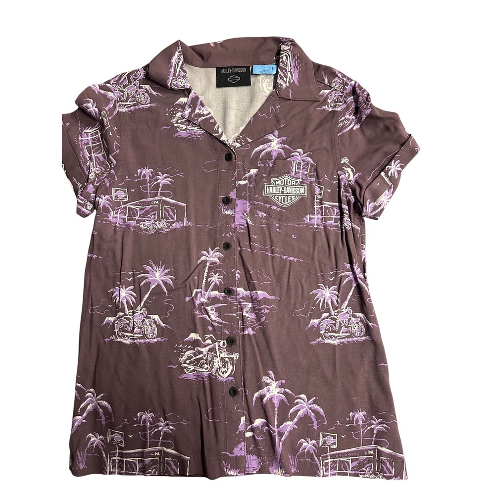Harley‎ Davidson Women's Purple Tropical Motorcycle Button Up Shirt Size S